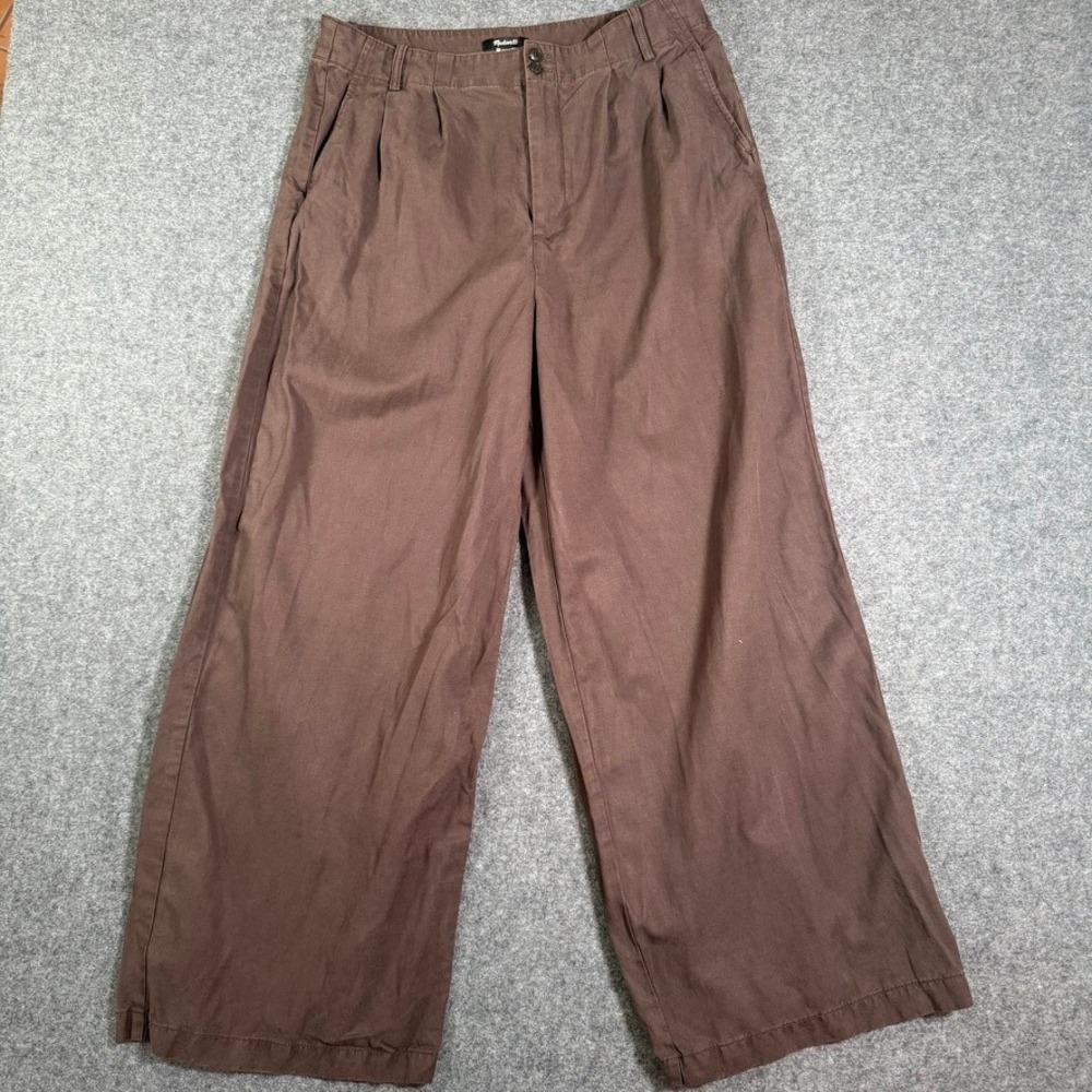 Madewell Brown Pleated Harlow Wide-Leg Pants Lyocell Linen Blend NT482 Size 14